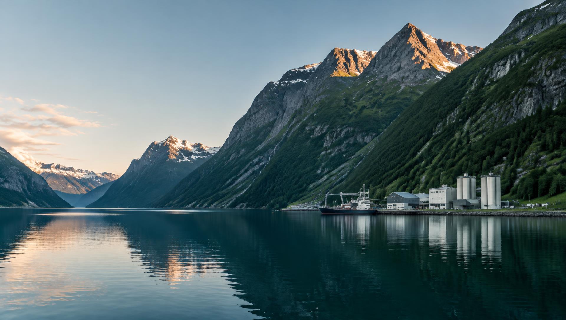 Nordisk fjordlandskap med industri og teknologi i samspill